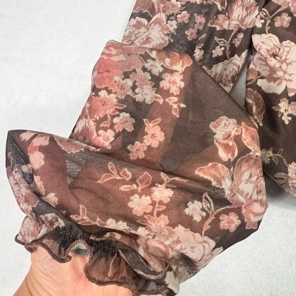 Dylan Ryan Blouse Top Women M Brown Ruched Bustier Sheer Floral Fairy - Picture 12 of 14